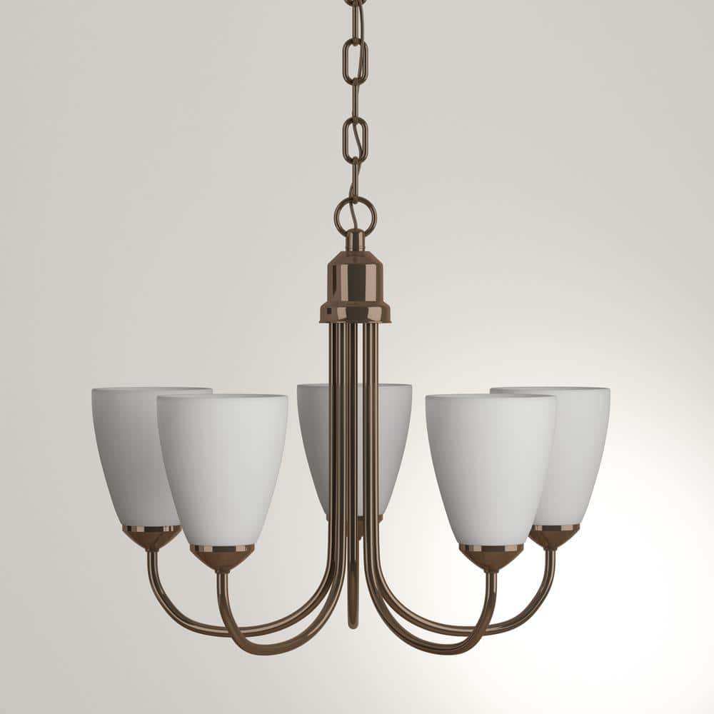 Antique Bronze 5-Light Chandelier with White Etched Glass Shades