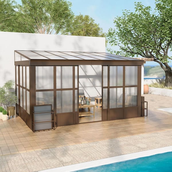 10 ft. x 14 ft. Lean-to Aluminum Gazebo Sunroom with Sloping Roof, Detachable Screens and 2 Lockable Sliding Doors