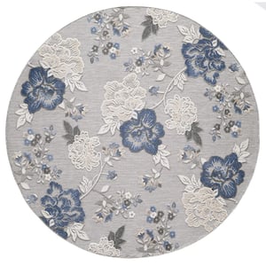 Ava Gray 8 ft. Round Mid-Century Floral Indoor/Outdoor Area Rug