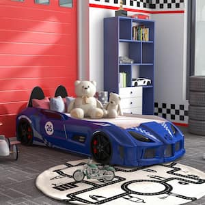 Copperstone Blue Twin Kid's Race Car Bed with LED Lights