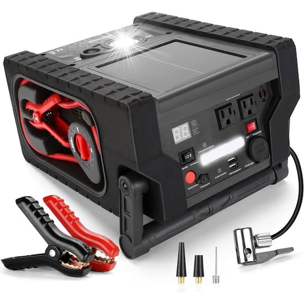 Solar Portable Power Station 2000 Amps Jump Starter with 400-Watt Inverter in Black Air Compressor Dual AC/DC/USB Output