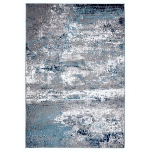 Distressed Modern Abstract Watercolor Blue 3 ft. 3 in. x 5 ft. Area Rug