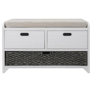 Shirley White Storage Bench with Removable Basket, 2 Drawers and Removable Cushion (32"L x 11.8"W x 20"H)