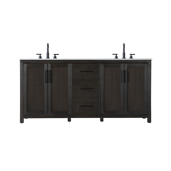 72 in. Double Sink Chocolate Oak Bath Vanity with White Engineered Marble Top