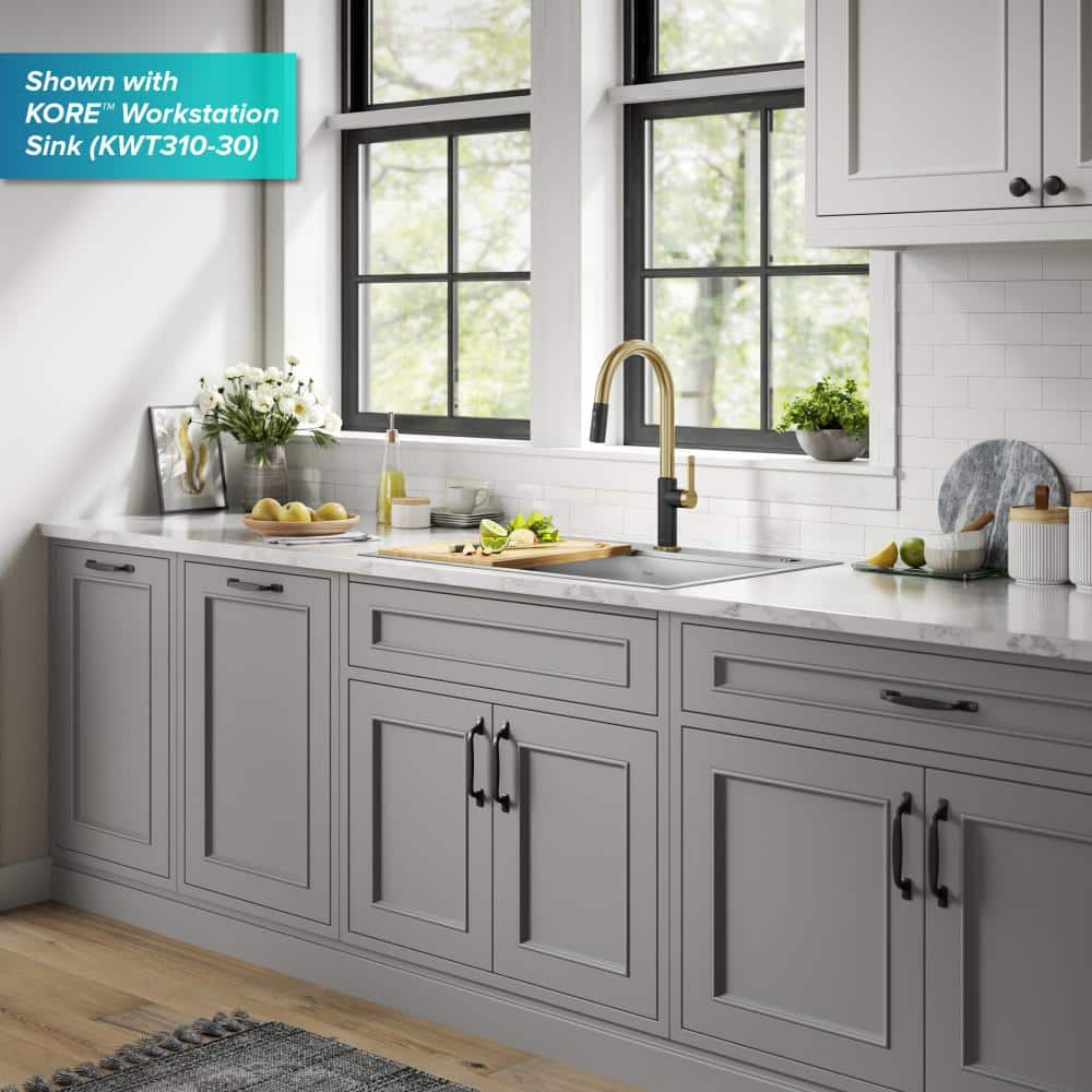 Brushed Brass and Matte Black Pull-Down Kitchen Faucet with Spray