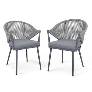 Aluminum Patio Outdoor Dining Chair Woven Rope Armchair with Removable Gray Cushion (2-Pack)