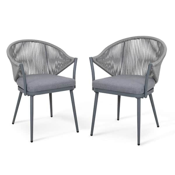 Removable Aluminum and Woven Rope Outdoor Arm Dining Chair with Grey Cushions (2-Pack)