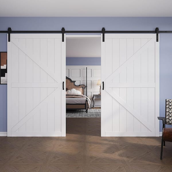 96 in. x 84 in. 2-Panel K-Bar White Primed MDF Pre-Drilled Interior Sliding Barn Door with Hardware Kit and Soft Close