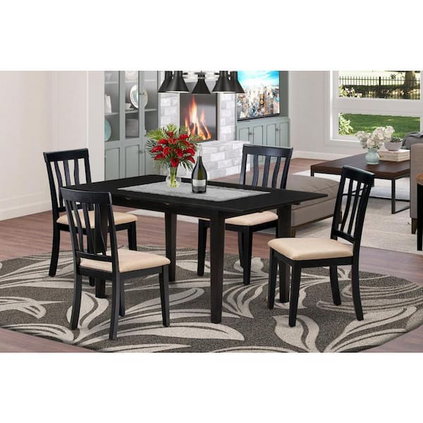 East West Furniture 5-Piece Rectangular Black Finish Solid Wood Top-Dining Room Set with Butterfly Leaf-Seats 4