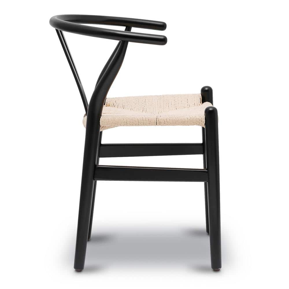 Black Wood Arm Chairs with Woven Seats, Set of 2