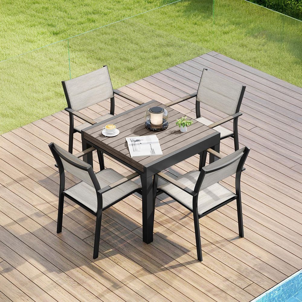 5-Piece Black Aluminum Outdoor Dining Chair Set with Extendable Dining Table