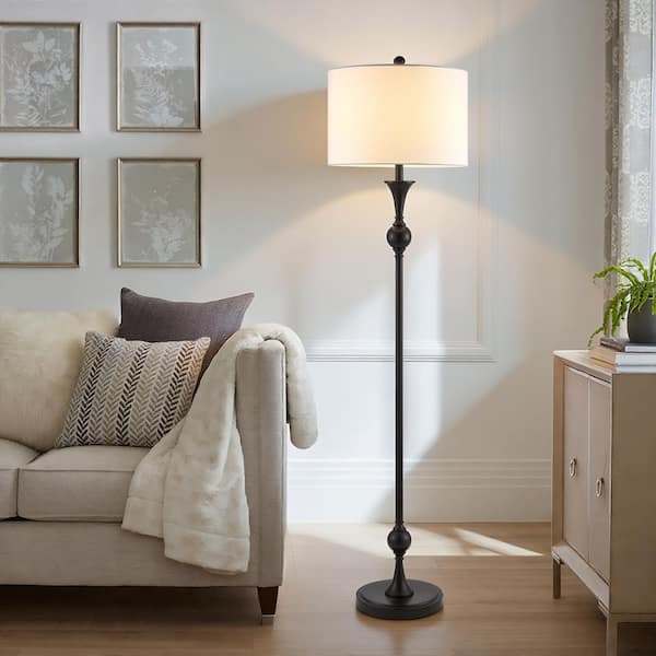 60 in. Bronze 1-Light Standard Floor Lamp for Living Room with Fabric Drum Shade