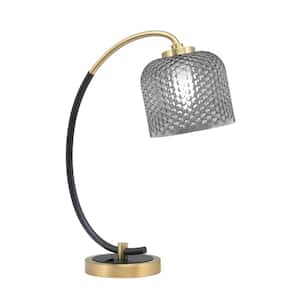 Delgado 18.25 in. Matte Black and New Age Brass Accent Desk Lamp with Smoke Textured Glass Shade