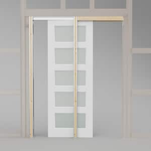 36 in. x 80 in. Wood Pocket Door Frame and Hardware with Primed 5-Lite Frosted Glass Door Slab (Soft Close Included)