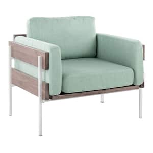 Kari Light Green Fabric, Grey Wood and White Metal Arm Chair