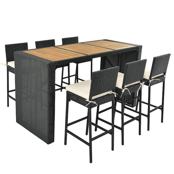 waelph Black 7-Piece PE Wicker Outdoor Bistro Set with Beige Cushion