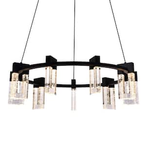 Sorrento 27 in. ETL Certified Integrated LED Circular Chandelier Height Adjustable Hanging Pendant, Black with 9 Shades