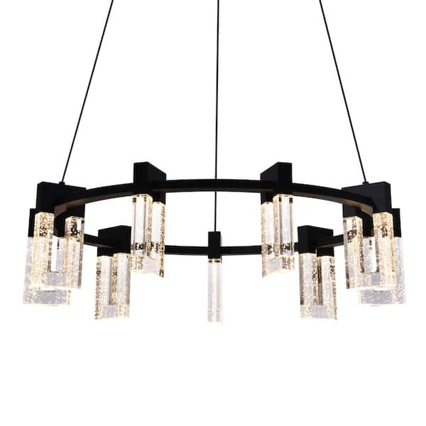 VONN Lighting Sorrento 27 in. ETL Certified Integrated LED Circular Chandelier Height Adjustable Hanging Pendant, Black with 9 Shades