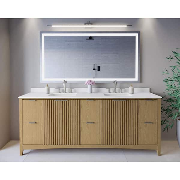 Palmilla 84 in. Double Freestanding Natural Oak Bath Vanity with White Cultured Marble Top Assembled