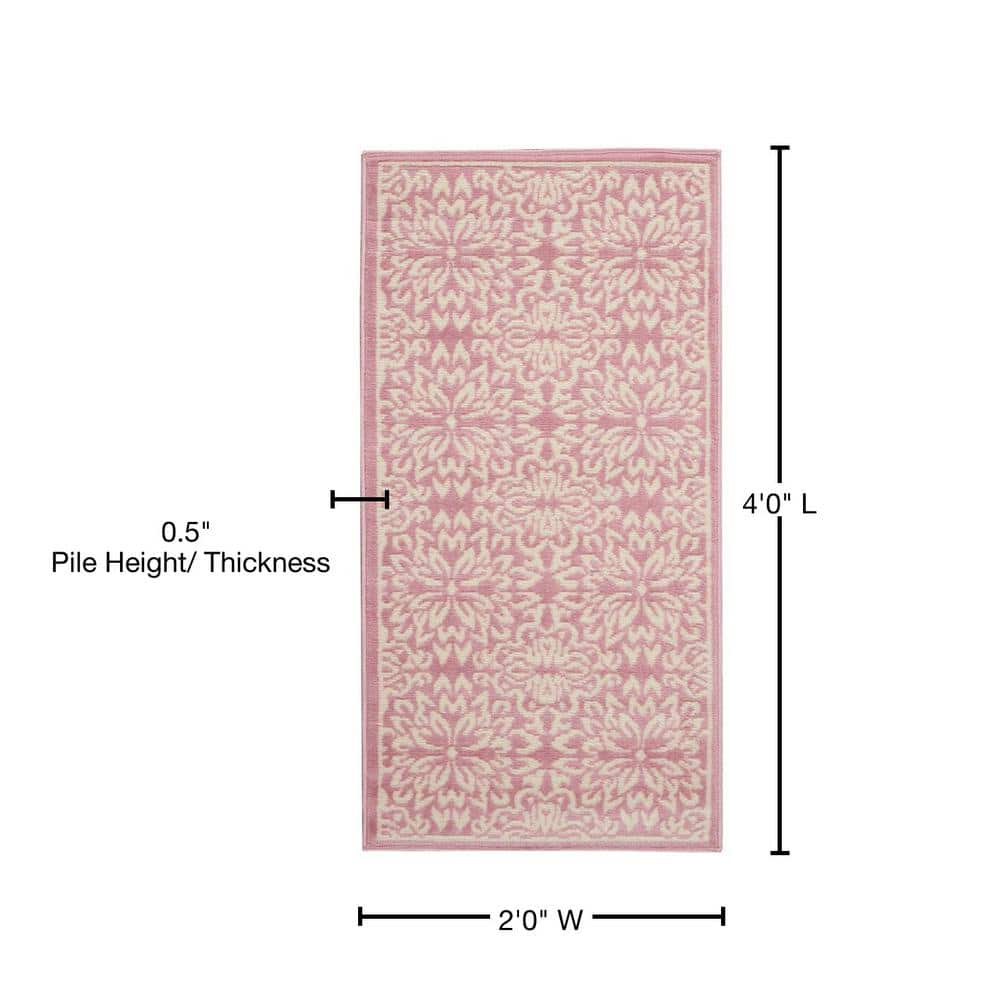Hand-Knotted Ivory/Pink Floral Synthetic Easy-Care Rug 2' x 4'