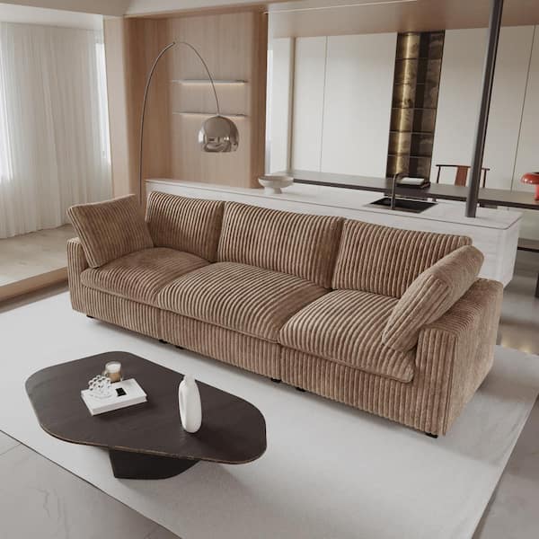 118.11 in. Rabbit Plush Fabric Square Arm 3-Piece Modular Sectional Sofa in Brown