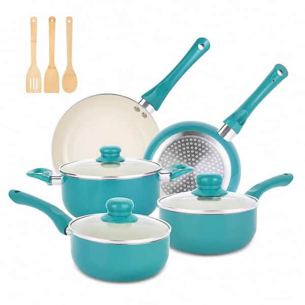 11-Piece Ceramic Nonstick Cookware Set with Induction Compatible Pots, Pans, Lids, and Bamboo Utensils, Turquoise