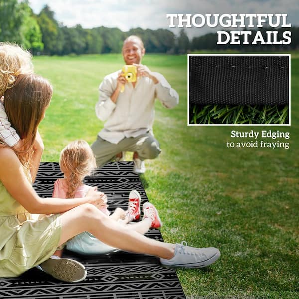 Black and Gray 6 ft. x 9 ft. Geometric Wall Waterproof Plastic Reversible Outdoor Rug Large Straw Floor Mat Area Rug