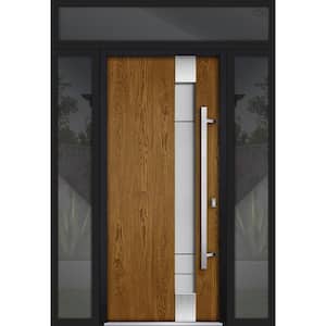 1713 60 in. x 96 in. Left-hand/Inswing 3 Sidelights Frosted Glass Oak Steel Prehung Front Door with Hardware