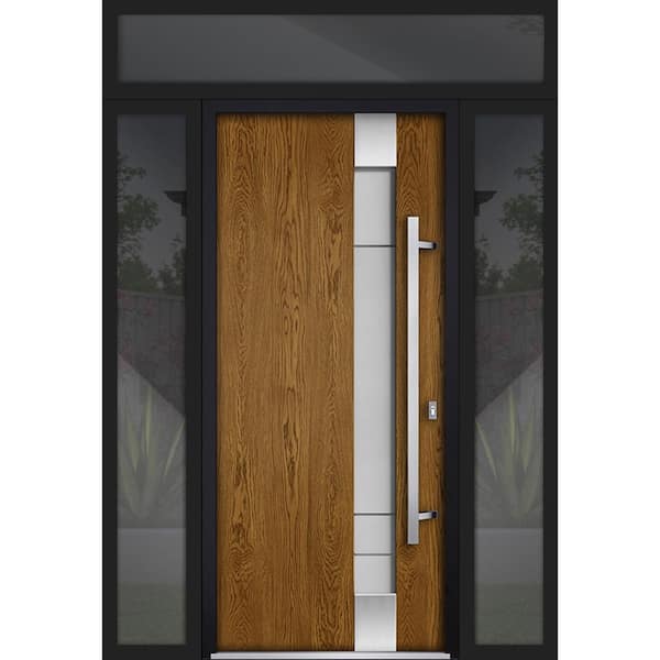 VDOMDOORS 1713 64 in. x 96 in. Left-hand/Inswing 3 Sidelights Frosted Glass Oak Steel Prehung Front Door with Hardware