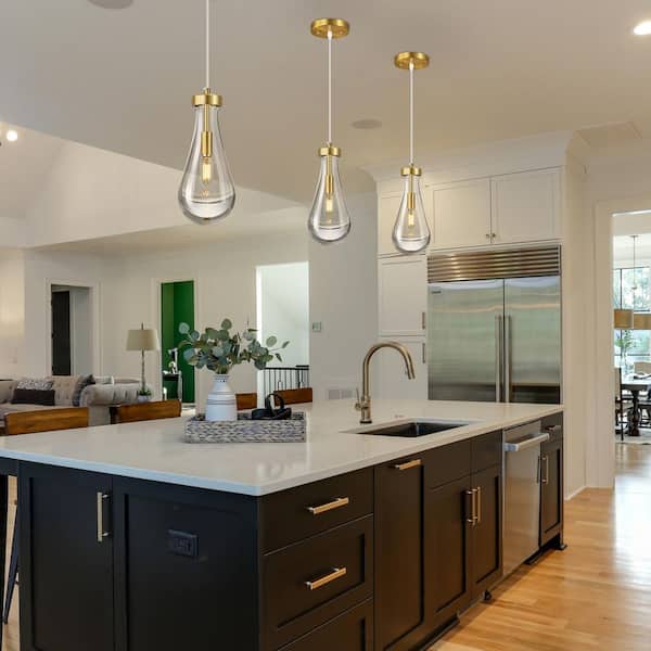 Raindrop 60-Watt 1-Light Teardrop Gold Hanging Light Fixtures Modern Clear Solid Glass Pendant Light for Kitchen, 1Pack