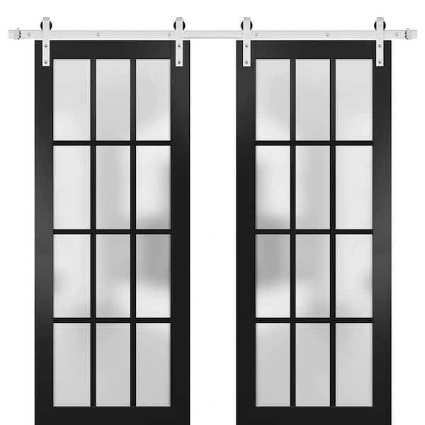 Sartodoors 32 in. x 80 in. 2 Panel Frosted Glass Ginger Ash Solid Wood Sliding Barn Door with Hardware Kit