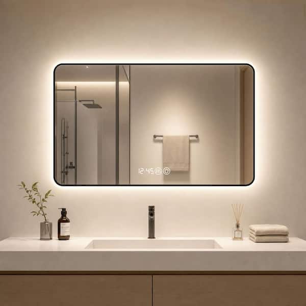 39 in. W x 29 in. H Rectangure Framed LED Touch Screen Anti-Fog Wall Mount Bathroom Vanity Mirror with Rounded Corners