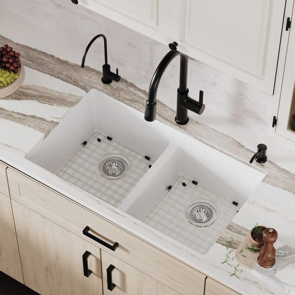 QU-810 Quartz/Granite 32 in. Double Bowl 50/50 Undermount Kitchen Sink in White with Bottom Grid and Strainer