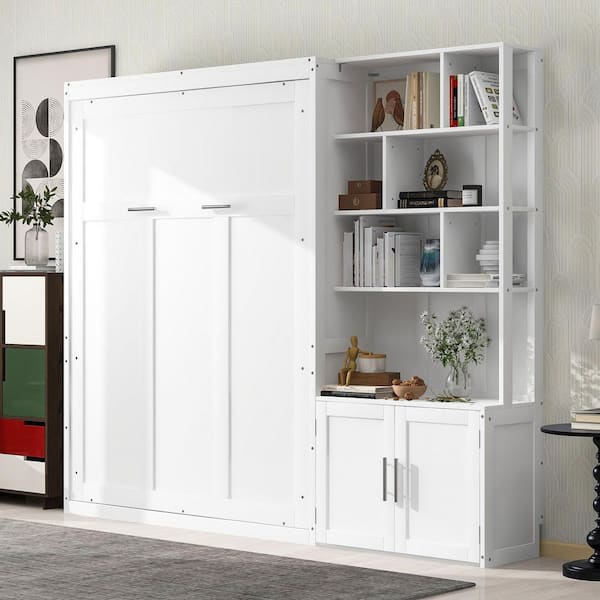 White Wood Frame Full Size Murphy Bed with Multiple Storage Shelves and A Cabinet