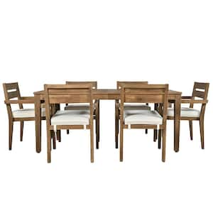 7-Piece Wood Outdoor Dining Set, Dining Table And Chairs Set with Beige Cushion For Patio Backyard Kitchen Dining Room