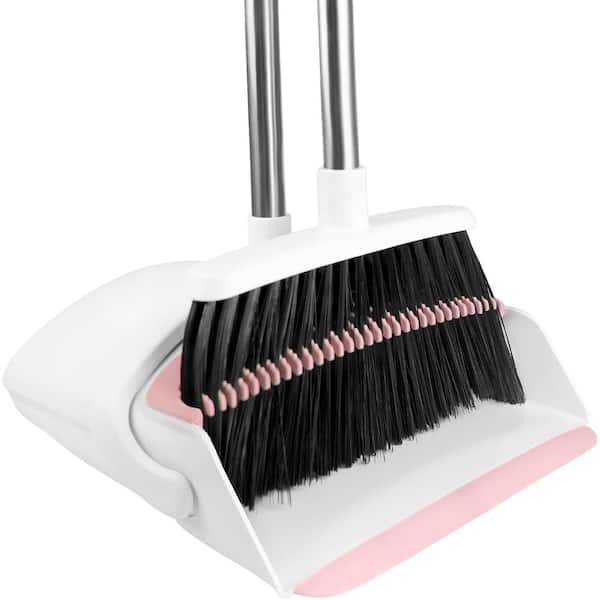 Broom with Dustpan Combo Set, 52-in Long Handle Adjustable Broom and Dustpan Set with Dustpan Teeth, White Pink