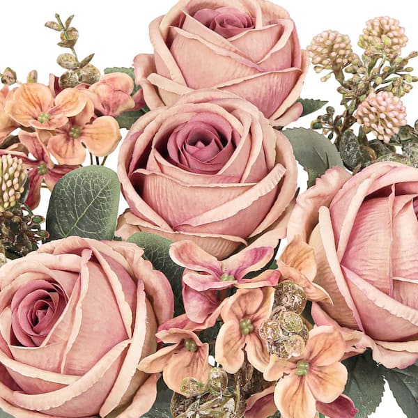 19 in. Rose Red Cafe Artificial Mixed Rose Hydrangea Berry Flower Stem Bush Bouquet (Set of 2)