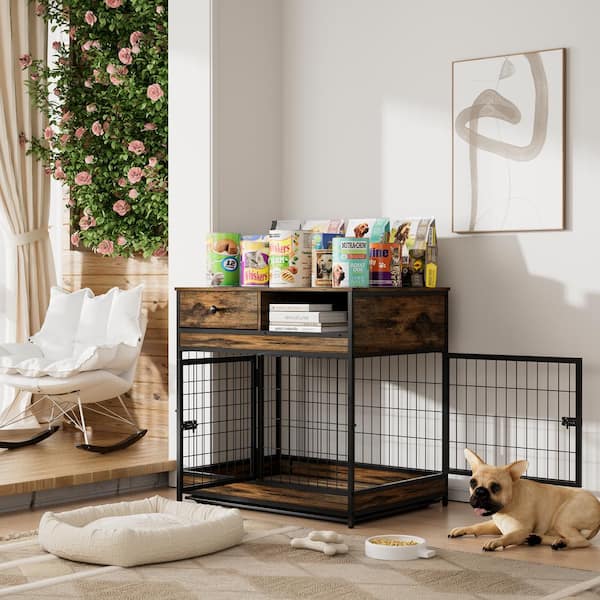 Noble House Pauri Furniture Dog Cage Crate with Double Doors - 31.5 in. W, Rustic Brown