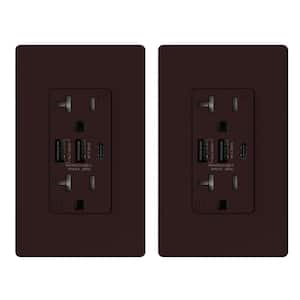 30-Watt 3-Port Type C & Dual Type A USB Duplex Outlet Smart Chip High Speed Charging Wall Plate Included, Brown (2-Pack)