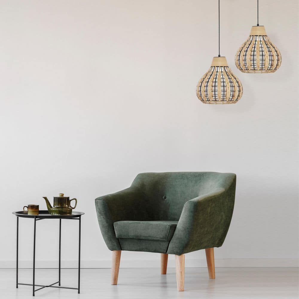Everett 63" Black Metal Pendant Light with Globe-Shaped Rattan Shade
