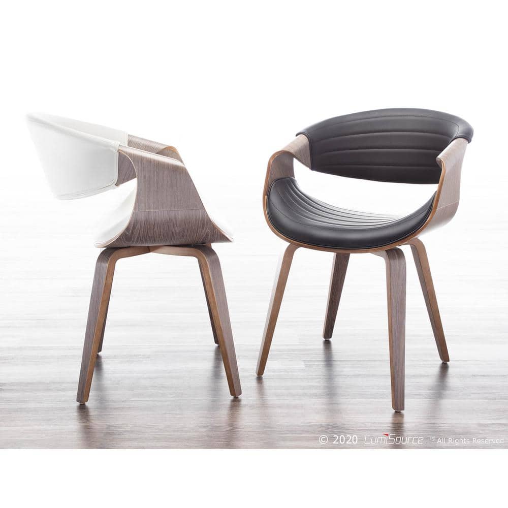 Light Grey Wood and White Faux Leather Mid-Century Arm Chair