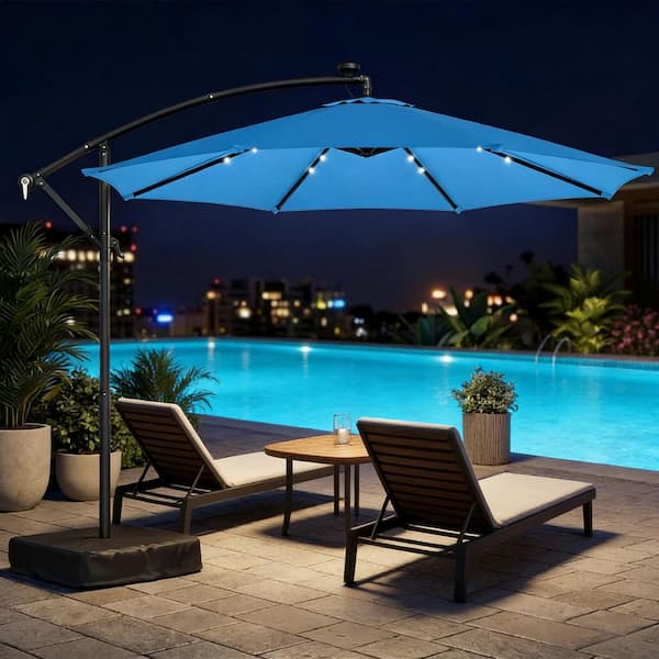 8 foot blue patio umbrella Runesay 9.6 ft. x 8 ft Cantilever Patio Umbrella in Lake Blue Solar Adjustable Polyester Canopy (Only Umbrella)