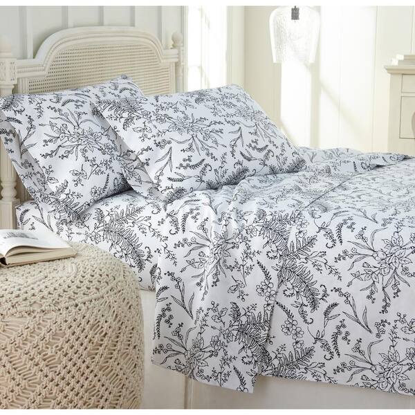 Southshore Fine Linens Winter Brush 4-Piece Black Botanical on White Microfiber Full Deep Pocket Sheet Set