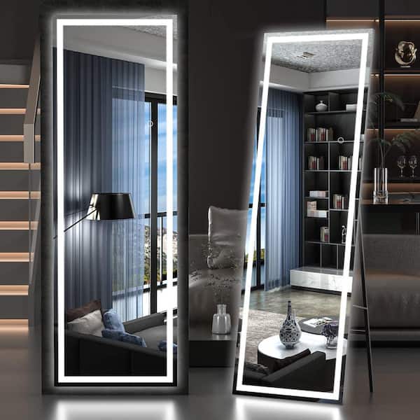 Hasipu 20 in. W x 65 in. H Rectangle Black Frame LED Floor Mirror, Full Body Dressing Standing Mirror, Hanging Mounted Mirror