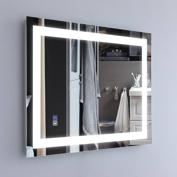 ANGELES HOME 24 in. W x 32 in. H Rectangular Frameless Anti-Fog,Dimming Wall LED Lighted Bathroom Vanity Mirror in Silver,Easy Hang