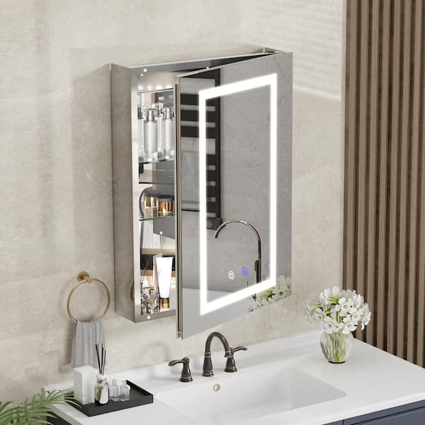 20 in. W x 28 in. H Rectangular Aluminum Light Medicine Cabinet with Mirror and Defog, Inner Mirror, Right Swing