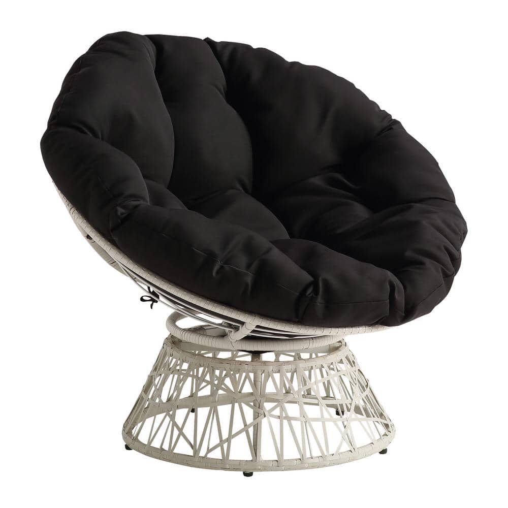 Black and Cream Wicker Swivel Papasan Chair with Metal Frame