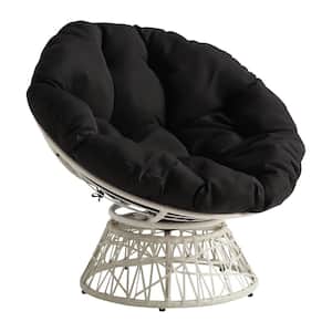 Papasan Chair with Black Round Pillow Cushion and Cream Wicker Weave