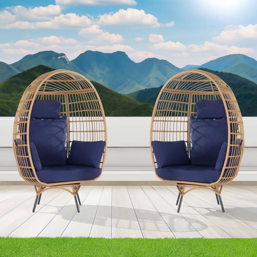2-Pieces Patio Wicker Swivel Egg Chair, Oversized Indoor Outdoor Egg Chair,