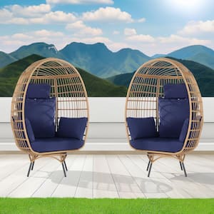 2-Pieces Patio Wicker Swivel Egg Chair, Oversized Indoor Outdoor Egg Chair, Brown Rattan Navy Blue Cushions